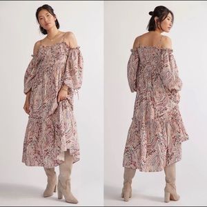 House of Harlow‎ Bohemia Pink and Brown Tiered Bishop Sleeve Midi Dress